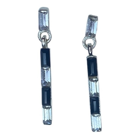 Art Deco Drop Earrings with Stud Posts in Black Onyx and Rhinestone Decor - Picture 1 of 3